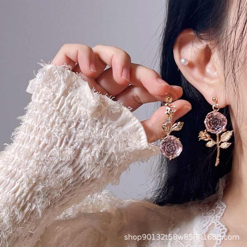 Bông Tai Trong Suốt Đính Hoa Hồng Thời Trang Cao Cấp 2022