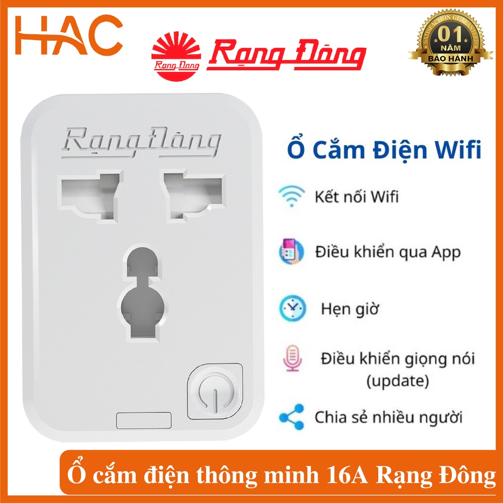 Ổ cắm điện Wifi thông minh Rạng Đông 16A, điều khiển bằng Wifi, 3G, 4G, công suất 3500W