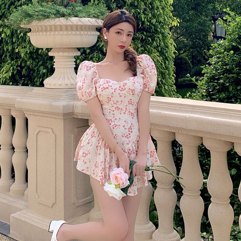 Brroa Đầm Tay Ngắn Phồng Cổ Vuông Xếp Ly Viền Bèo Nhún In Họa Tiết Hoa Phong Cách Pháp Cổ Điển Thời Trang Cho Nữ