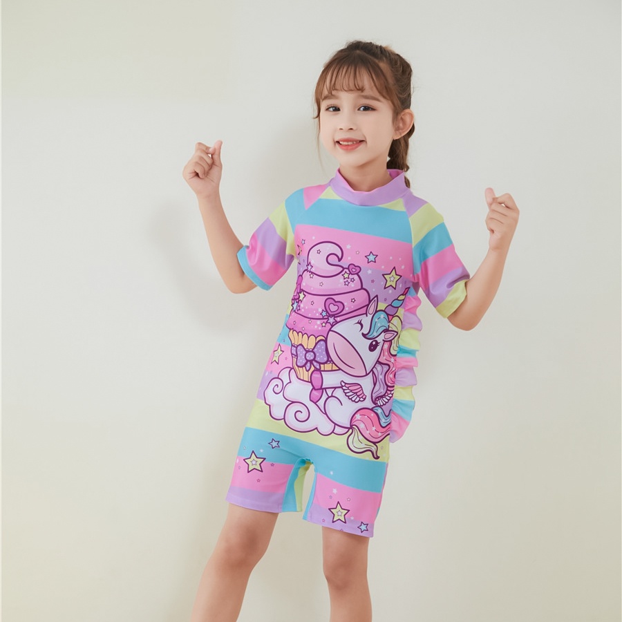 Đồ bơi trẻ em , đồ bơi bé gái | liền thân tay ngắn bao gồm nón bơi họa tiết kỳ lân size cho bé đến 30kg