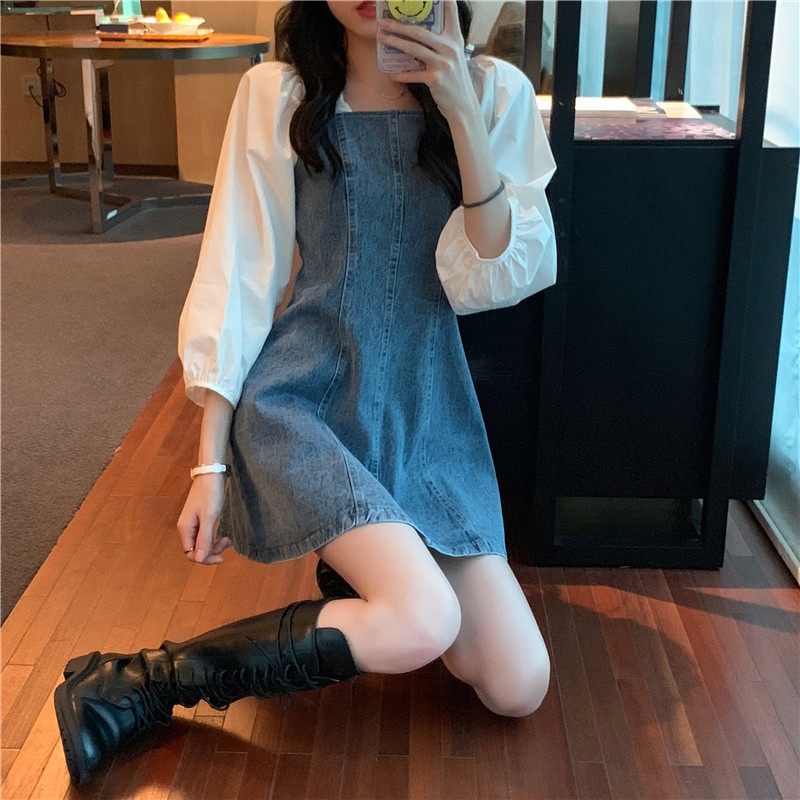 Kumivn order đầm váy bò denim dáng ngắn phối tay bo chun cổ vuông ulzzang Hàn Quốc