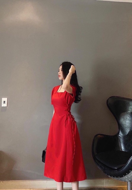 ĐẦM MIDI CỔ VUÔNG ĐAN DÂY EO TRẮNG/ĐEN/ĐỎ/KEM ( KÈM ẢNH THẬT)