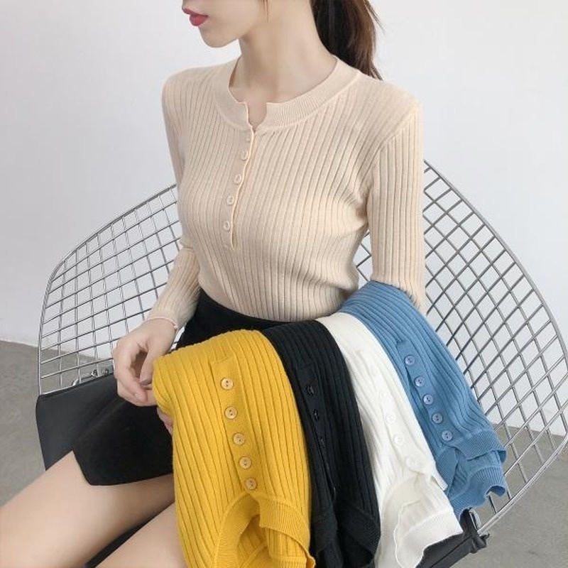 Áo Sweater Dệt Kim Mỏng Cổ Tròn Thấp Phối Nút Thời Trang Thu Đông Hàn Quốc Mới Cho Nữ 210914 | BigBuy360 - bigbuy360.vn