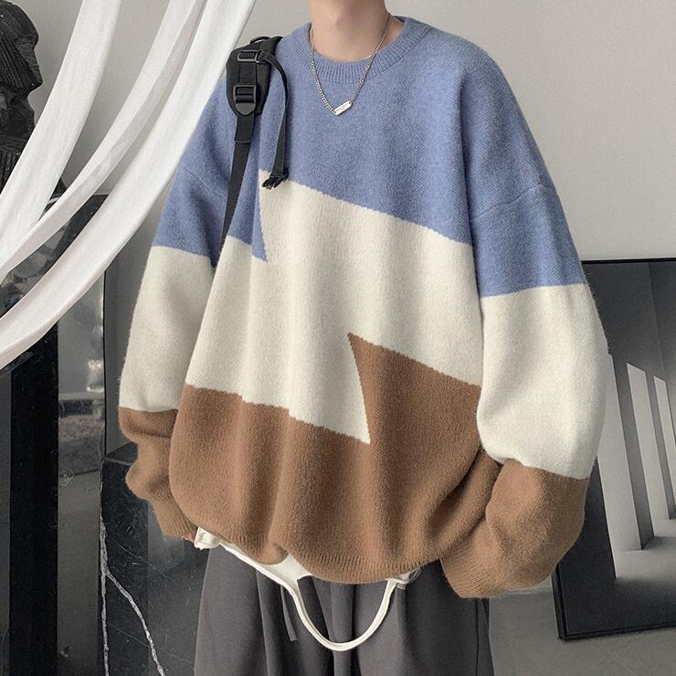 Áo sweater dáng rộng cổ tròn màu tương phản thời trang thu đông dành cho phái mạnh