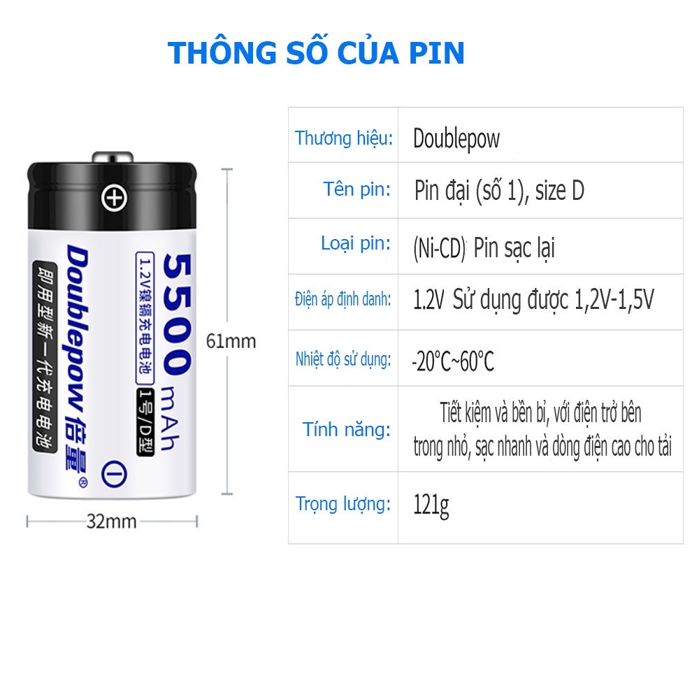 Combo bộ sạc DP-D02 và 2 viên pin đại 5500mAh (size D) chính hãng Doublepow