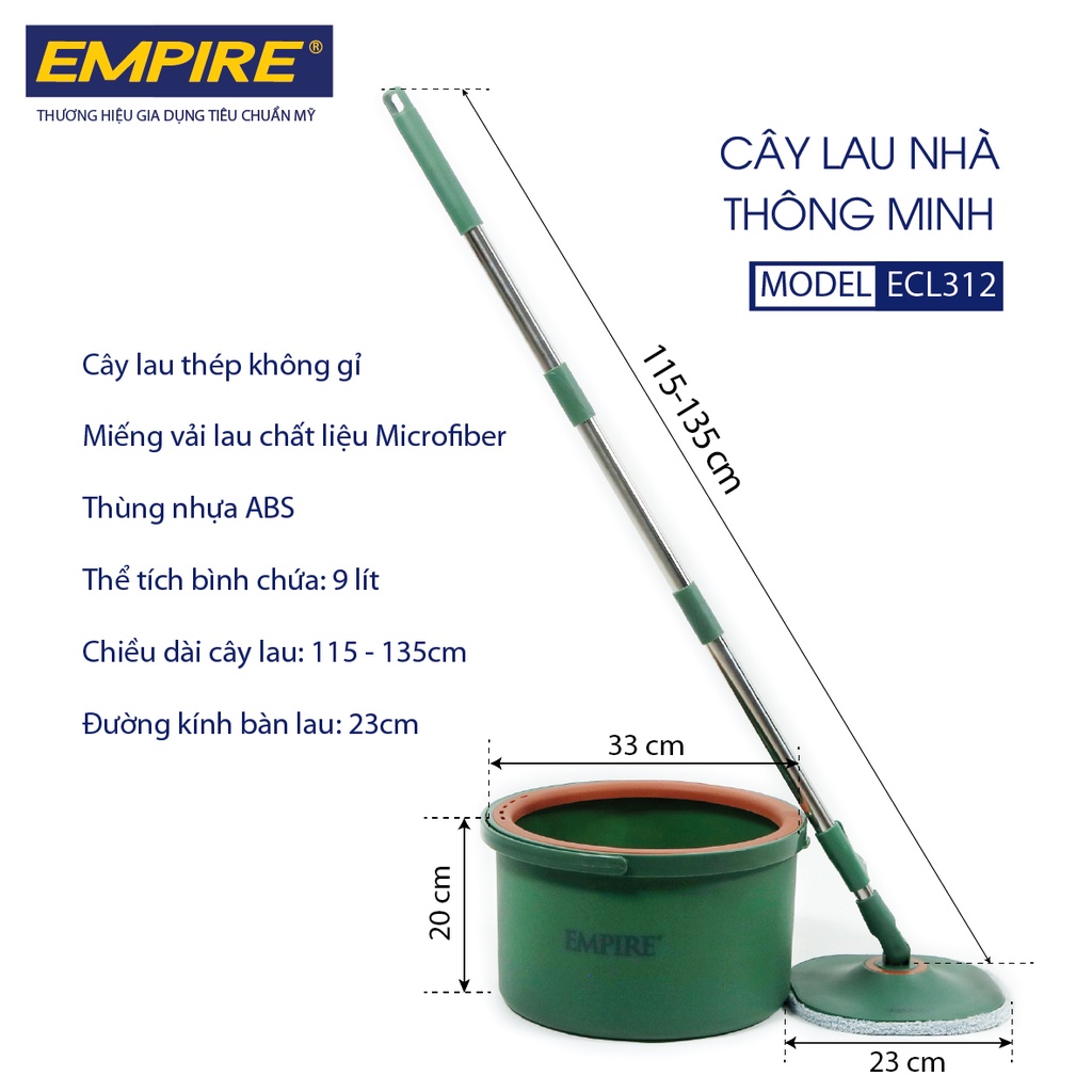 Cây lau nhà Empire, tiết kiệm nước, bông lau hình vuông, gồm 2 bông lau