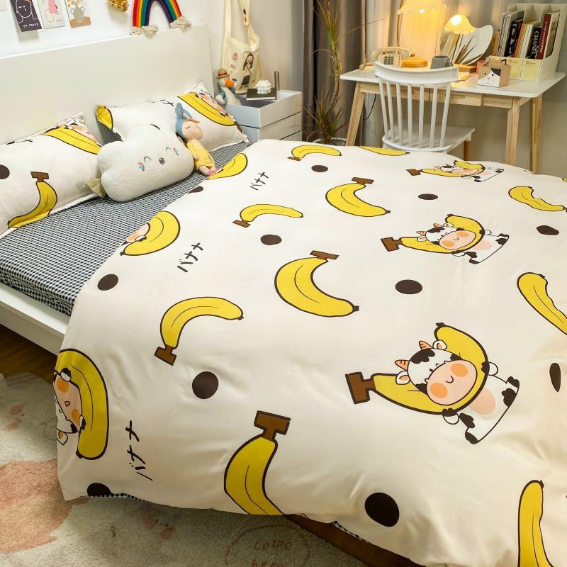 Chăn ga gối Emmibedding chất liệu cotton poly họa tiết bò chuối đáng yêu đủ size miễn phí bo chun