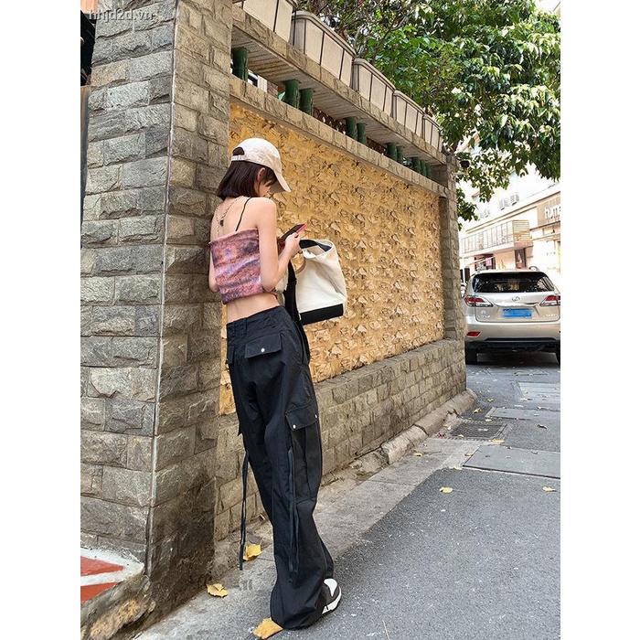 Quần Yếm Ống Rộng Lưng Cao Dây Rút Màu Đen Phong Cách Hip Hop Thời Trang Mùa Hè Cho Nữ