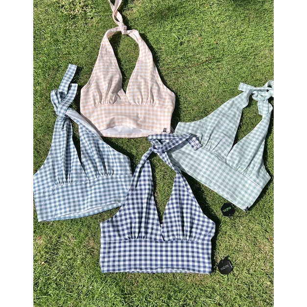 Áo Caro Lia Cột Dây Tím,Xanh,Cam,Xanh lá nhạt, Xanh biển nhạt