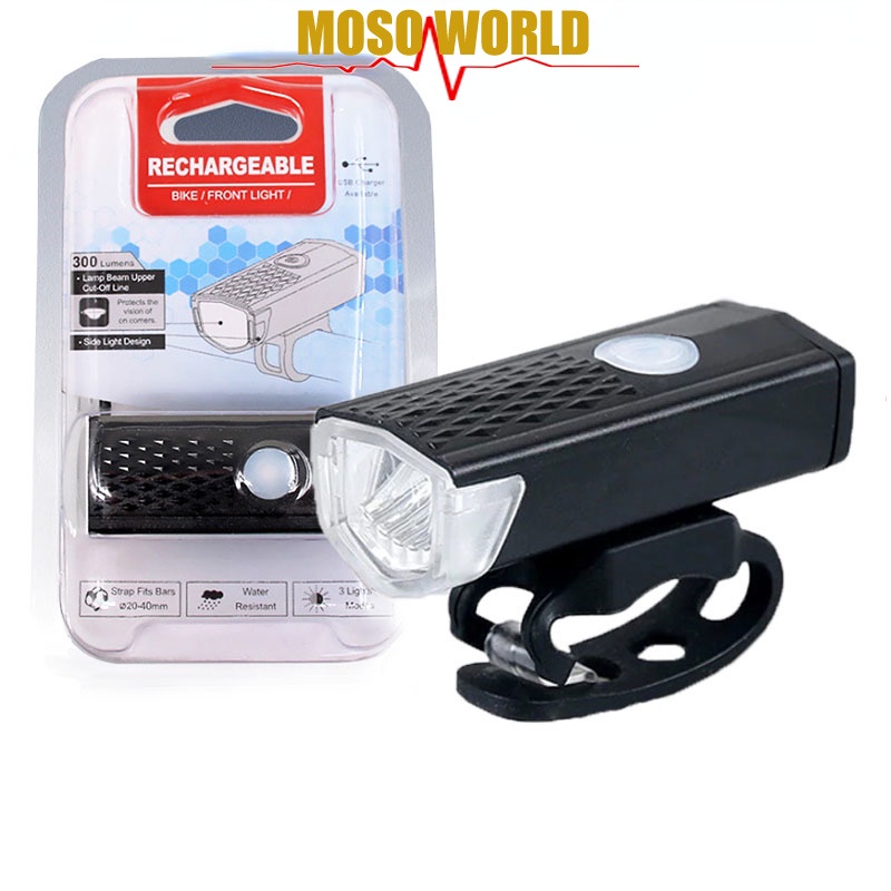 Đèn pha phía trước không thấm nước MOSOWORLD 300 Lumen có thể sạc lại dành cho xe đạp