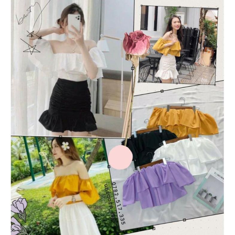 Áo Voan Trễ Vai Bánh Bèo Bẹt Vai Croptop Tay Ngắn Nữ Kiểu Hở Vai Màu Trắng/Đen/Tím Vàng DRACR06 *