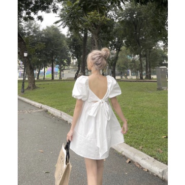 Đầm babydoll tay phồng cổ vuông dây thắt nơ sau lưng, Váy babydoll dáng xoè hở lưng nhiều màu tiểu thư bánh bèo xanh bơ