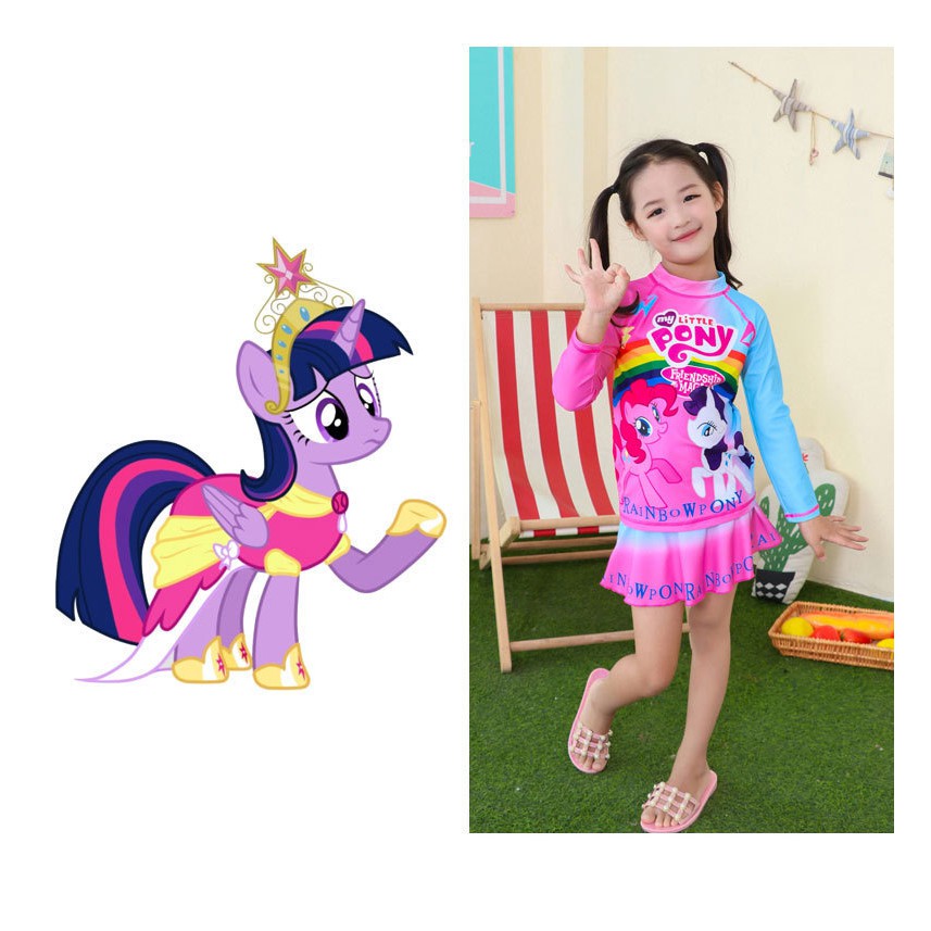 Bộ bơi bé gái váy rời tay dài hình ngựa Pony chống nắng, cho bé từ 13-35 kg