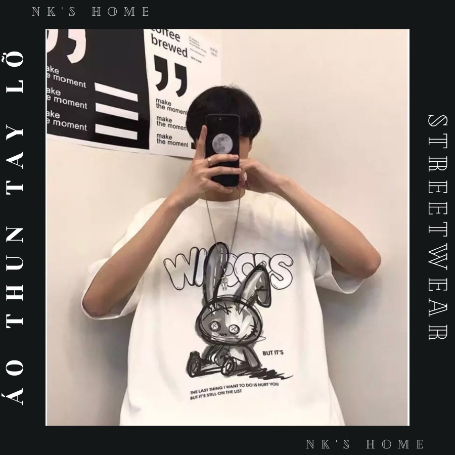 Áo thun tay lỡ unisex in hình THỎ WHOOPS cho nam nữ phong cách hàn quốc thiết kế phom rộng