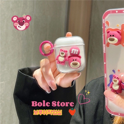 Vỏ bảo vệ hộp sạc tai nghe không dây Airpods pro 1 / 2 hình gấu dâu màu dạ quang đáng yêu