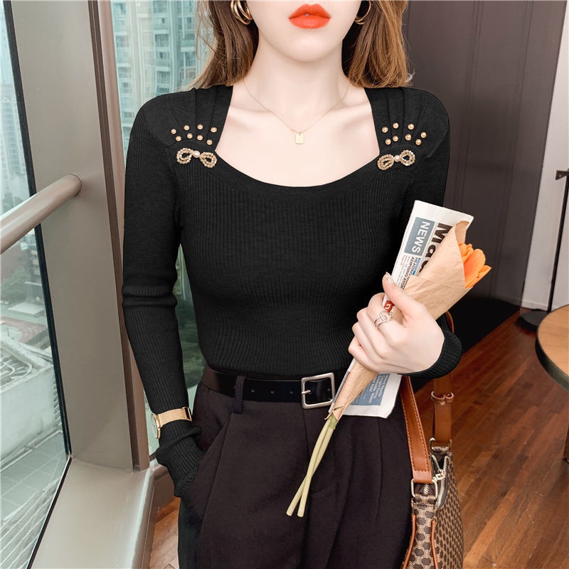 Áo Sweater Tay Dài Cổ Vuông Đính Hạt Mẫu Mới 2022 Thời Trang Mùa Xuân Cho Nữ