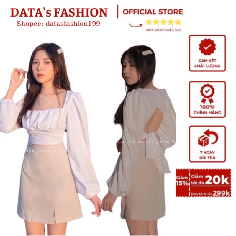 SET ÁO SƠ MI CỔ VUÔNG NƠ LƯNG VÀ CHÂN VÁY CHỮ A