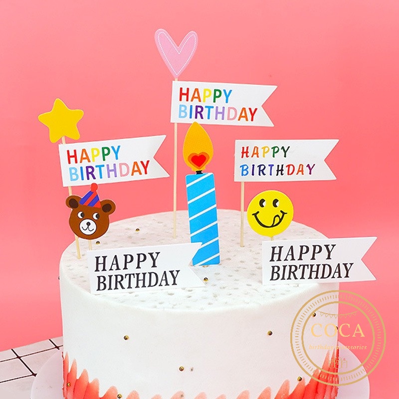 Bộ que cắm Gấu, Tim, Sao, Cờ Happy Birthday trang trí bánh kem, bánh sinh nhật