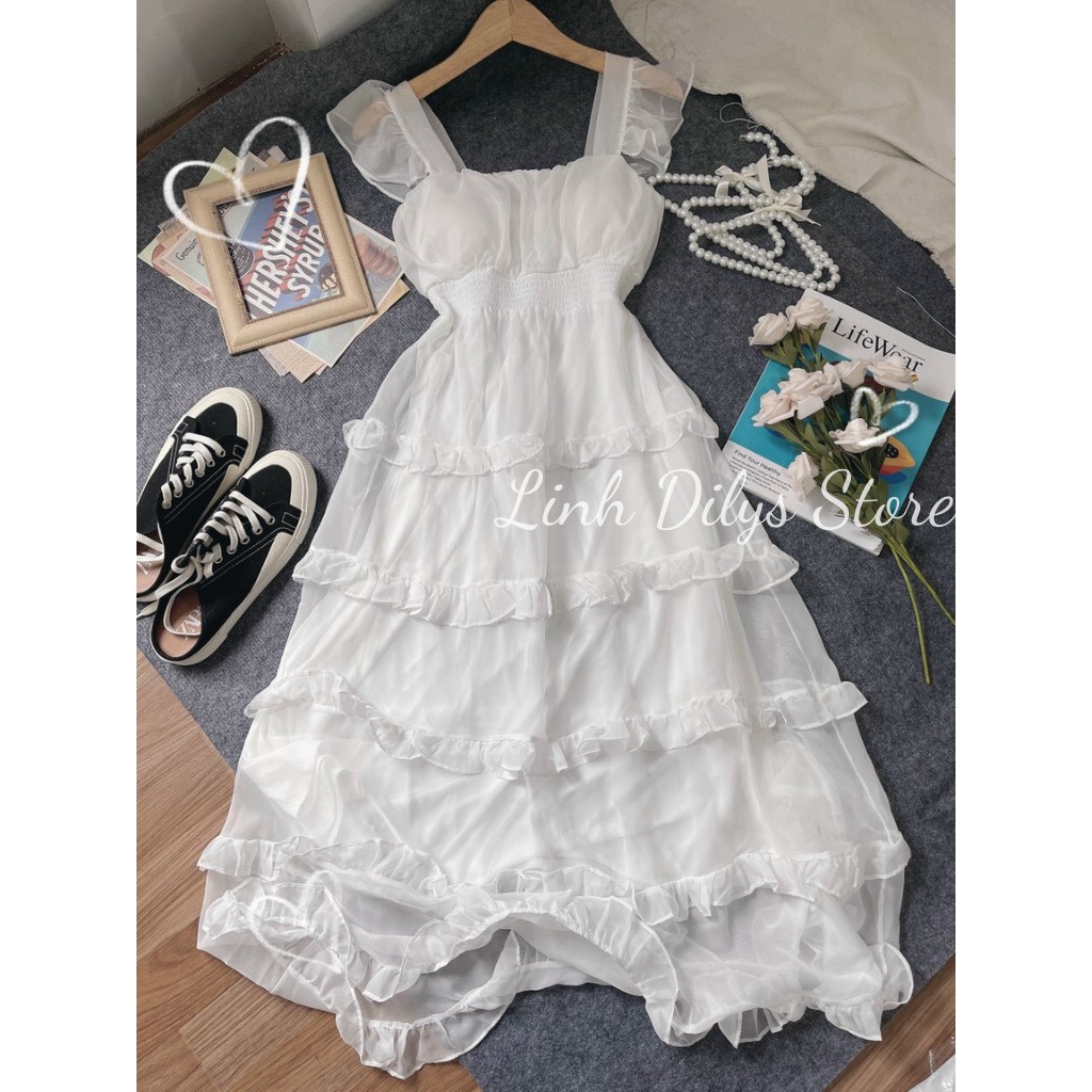 Đầm Maxi Trắng Tầng Bèo Nhún Eo 🦋FREESHIP🦋 Váy Maxi Tầng Dáng Dài Xinh Linh Dilys Store