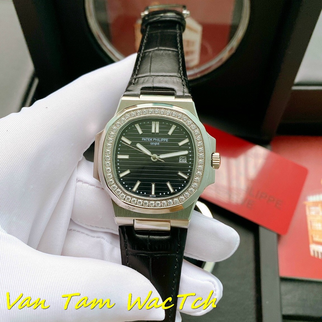 Đồng hồ nam Patek phillpe nautilus b 5713 40mm máy nhật automatic, mẫu mặt vuông đen, viền trắng đính đá