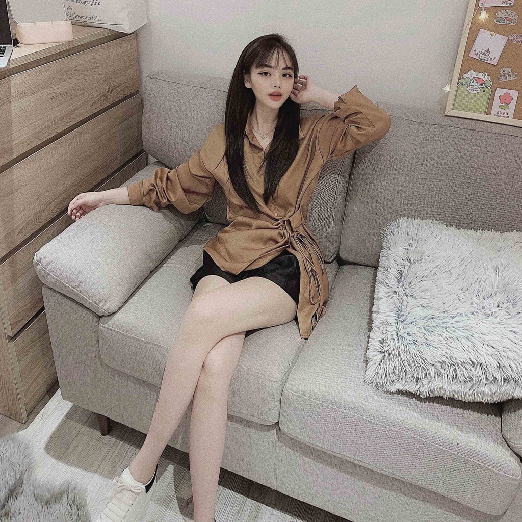 Áo kiểu sơ mi nữ HQ Hàn Quốc đẹp form dáng rộng bigsize tay dài rút dây lệch eo vạt chéo tiểu thư bánh bèo dễ thương | BigBuy360 - bigbuy360.vn