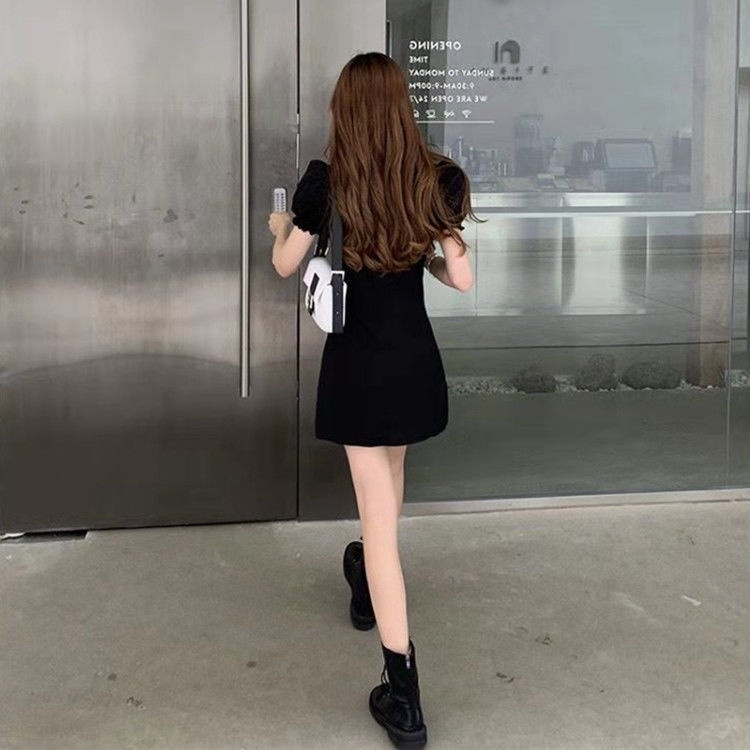 Đầm tay phồng cổ vuông màu trơn phong cách retro Pháp mùa hè