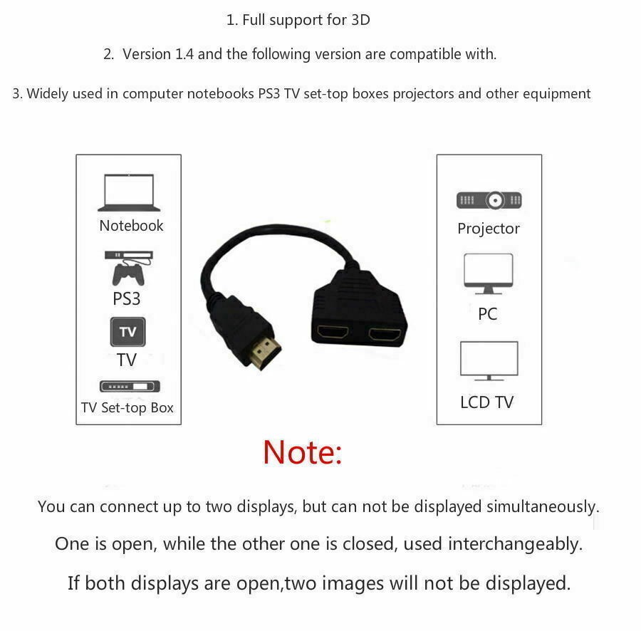 Cáp Chia Cổng Hdmi 100% Đầu Vào 1 Đầu Đực Sang 2 Đầu Cái 1080p