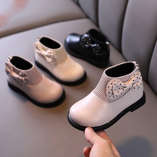 Giày bé gái boot mùa đông gắn nơ xinh xắn bo chun siêu ấm siêu êm