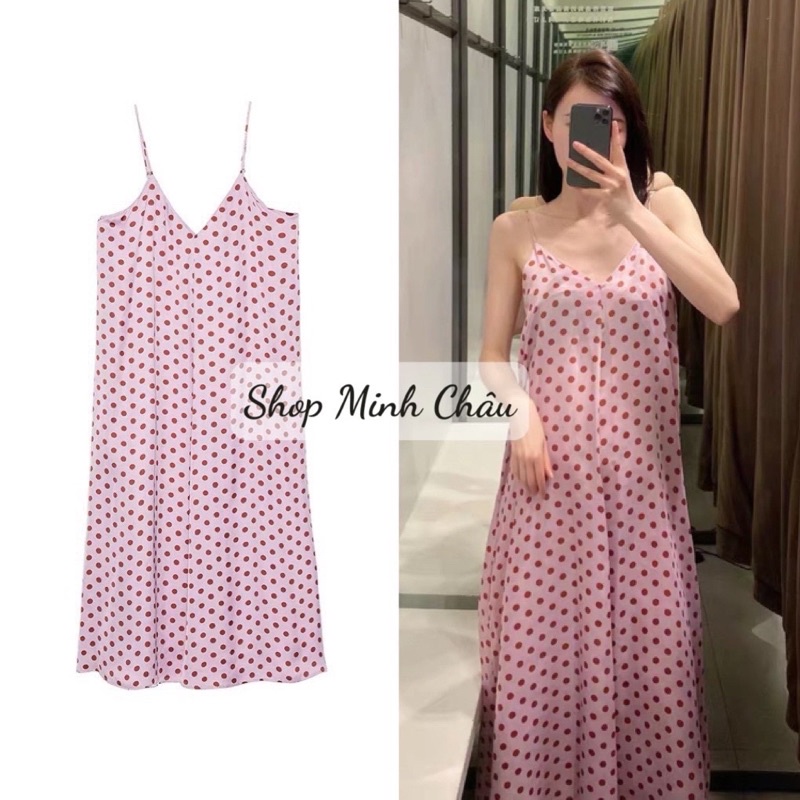 (Sẵn) Váy 2 dây midi chấm bi hồng Zarraaa
