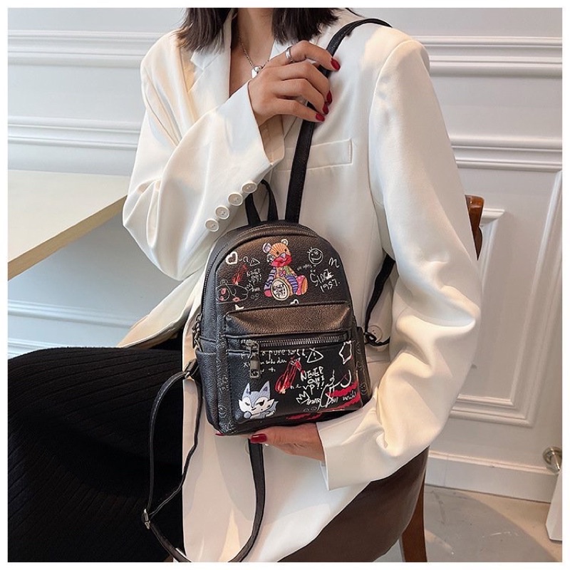 Balo nữ mini đi học đi chơi da pu in hình gấu dễ thương phong cách thời trang hàn quốc
