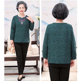 Áo thun thêu mùa xuân và mùa thu Granny Dress Mùa thu Bông vải lanh Hàng đầu Bà già Tính khí Quần áo mới
