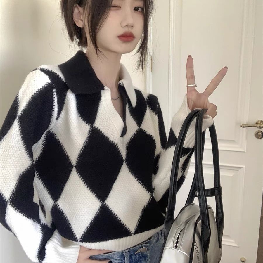 Áo Sweater Dệt Kim Tay Dài Dáng Rộng Màu Sắc Tương Phản Phong Cách Pháp Thời Trang 2022 Cho Nữ