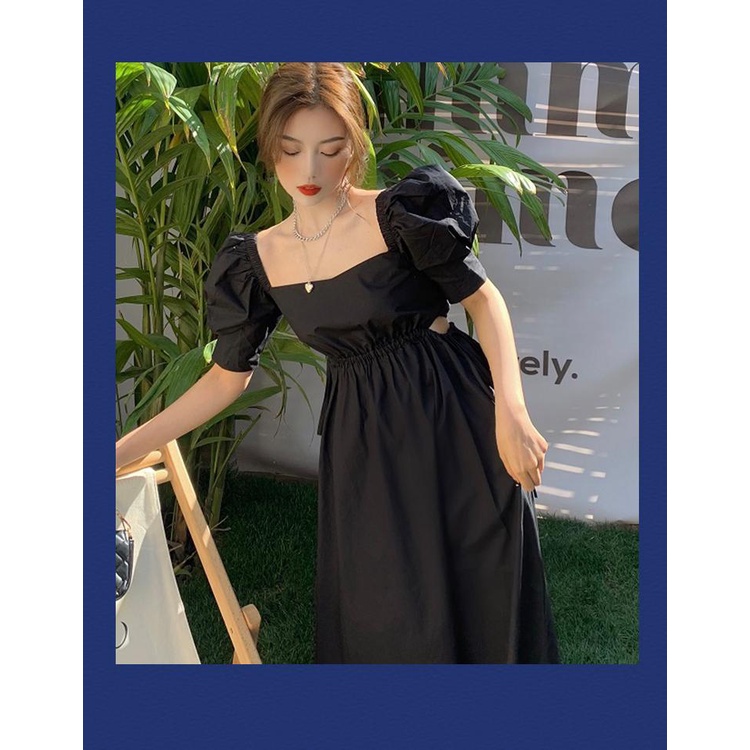 COZOK Đầm Tay Phồng Cổ Vuông Chiết Eo Phong Cách Vintage