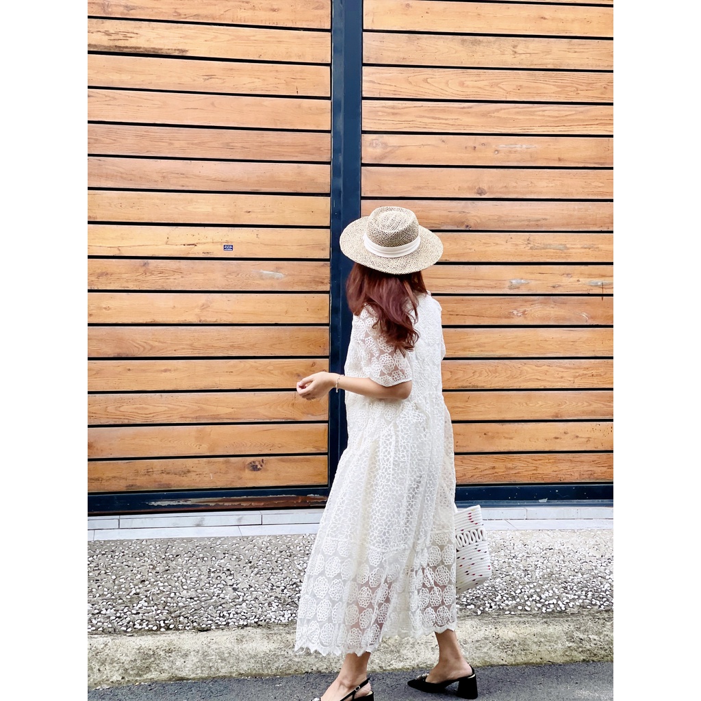 (HÀNG SẴN) Váy babydoll dáng dài chất ren thêu, đầm suông dài form rộng BIGSIZE màu kem tay ngắn có lớp lót