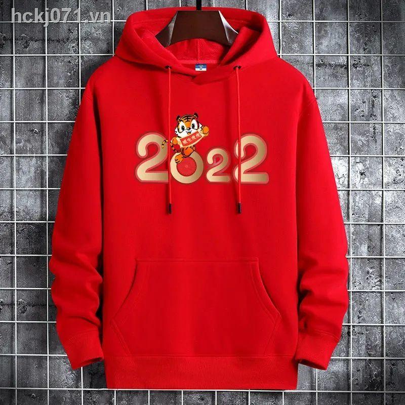 ☏■❈2022 năm của hổ nam áo len hoodie lớn màu đỏ sinh năm thu đông cộng với nhung áo chui đầu có mũ trùm đầu
