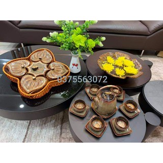 Bộ khay mứt, ấm chén, bát thả theo bộ men hỏa biến Bát Tràng