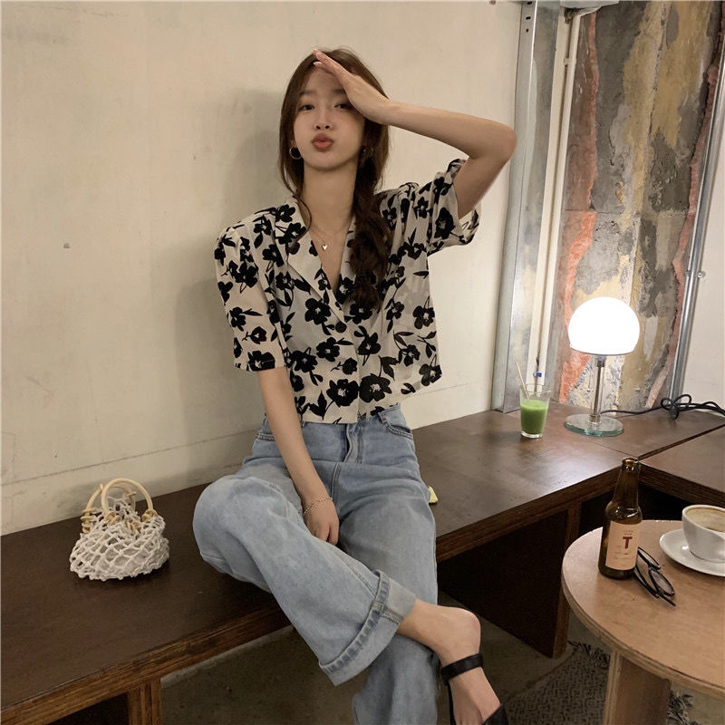 Hong Kong-style girl gentle retro flower slim lapel shirt woman