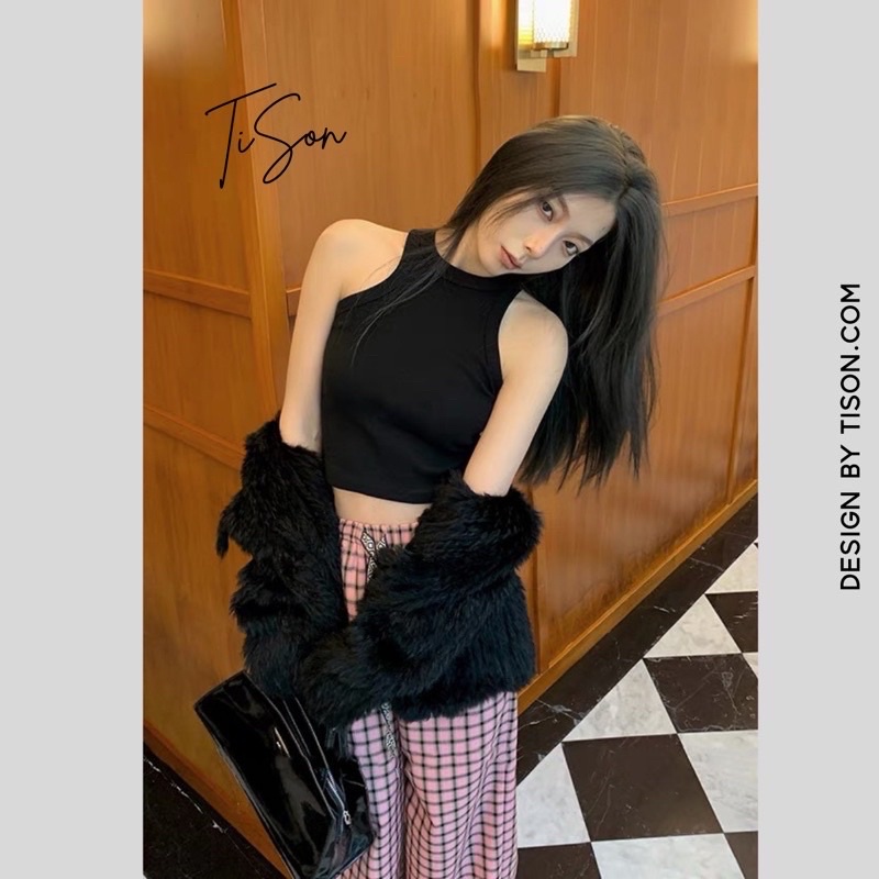 Áo croptop sát nách cổ tròn form ôm, Áo ba lỗ dáng ngắn chất zip co giãn