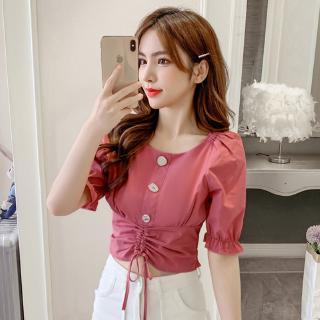 Áo croptop vải voan tay ngắn phối dây rút thời trang 2020