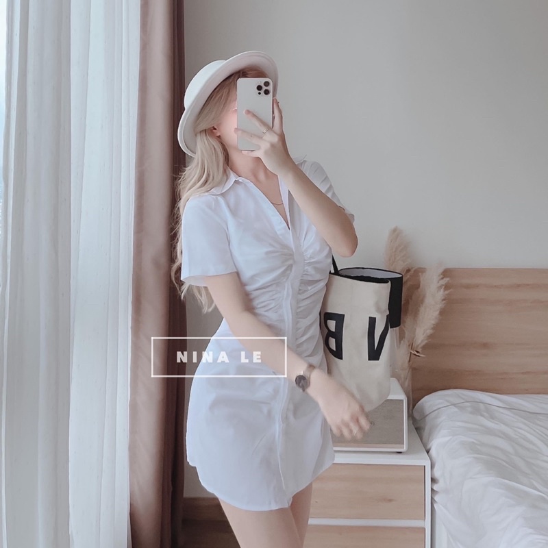 Váy sơmi nhún ❤️Đầm thân nhúng ngắn tay