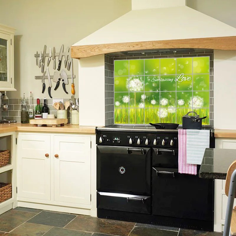 Decal dán bếp tráng nhôm cách nhiệt size lớn - cỏ xanh với Bồ Công Anh trắng