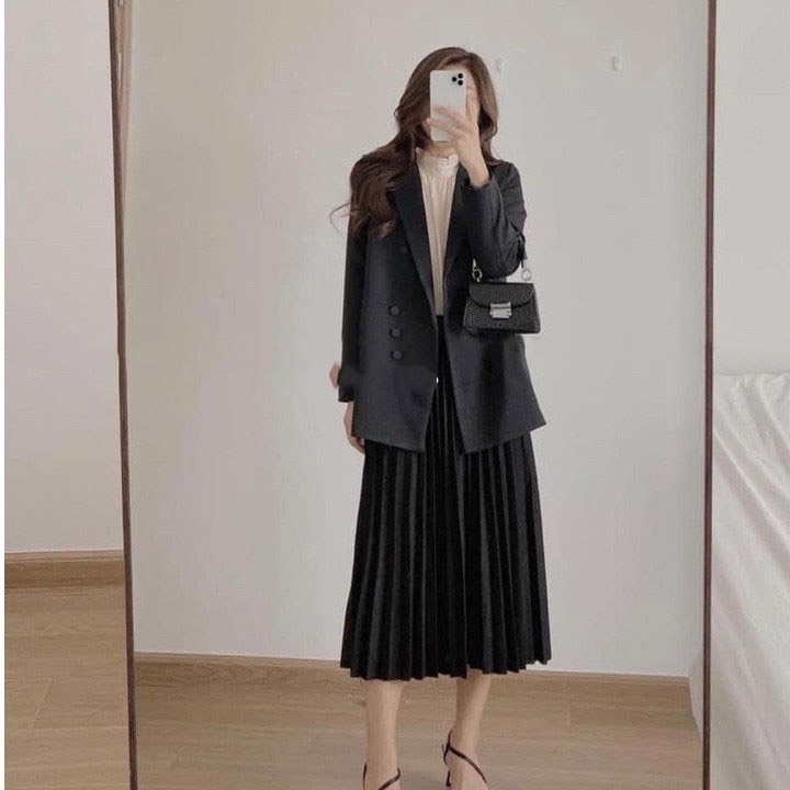 Chân váy nữ trơn, Chân váy dài xếp ly voan đen cạp chun DASKI
