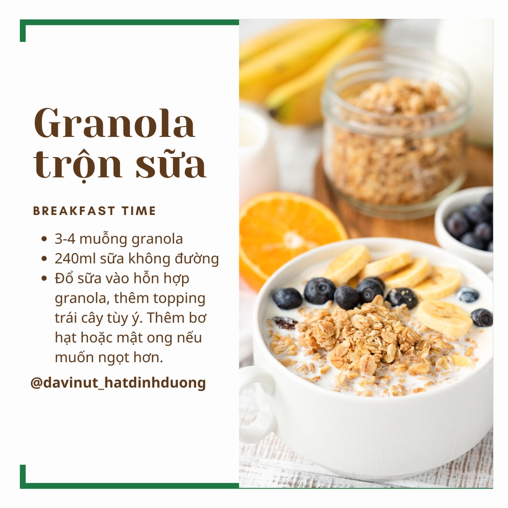 Granola ăn kiêng Davinut 500g, 75% hạt và hoa quả sấy không đường, 25% yến mạch ăn liền, ngũ cốc giảm cân granola