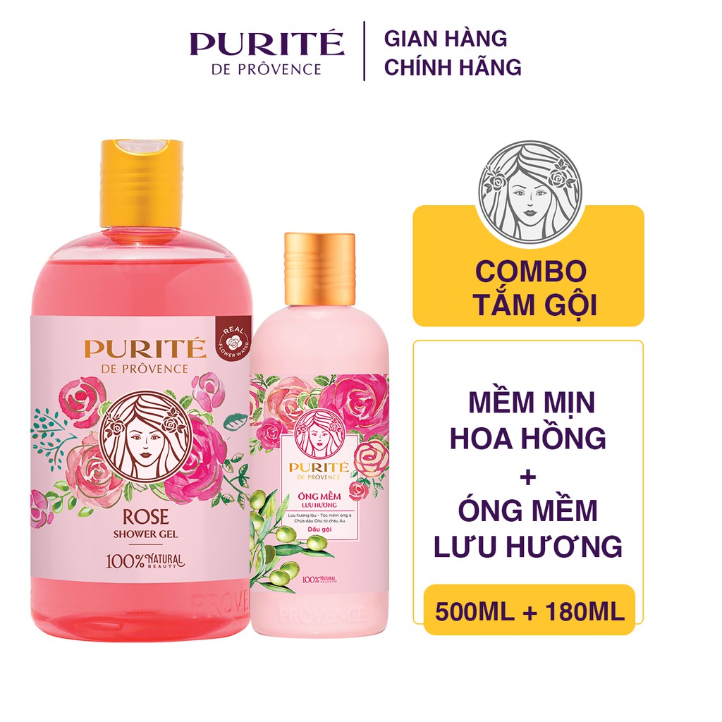 [MUA 1 ĐƯỢC 2] Sữa tắm Purite Hương Hoa Hồng 500ml tặng 1 Dầu Gội Óng Mềm Lưu Hương 180ml