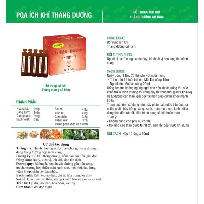 Ích Khí Thăng Dương PQA 100% thảo dược: Dùng  và hỗ trợ cho phụ nữ sa tử  cung .hộp 10 ống x 10ml