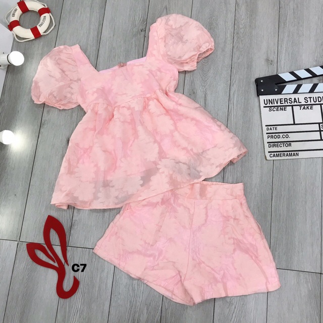 Sét bộ áo baby doll kèm quần short voan tơ hoa nổi