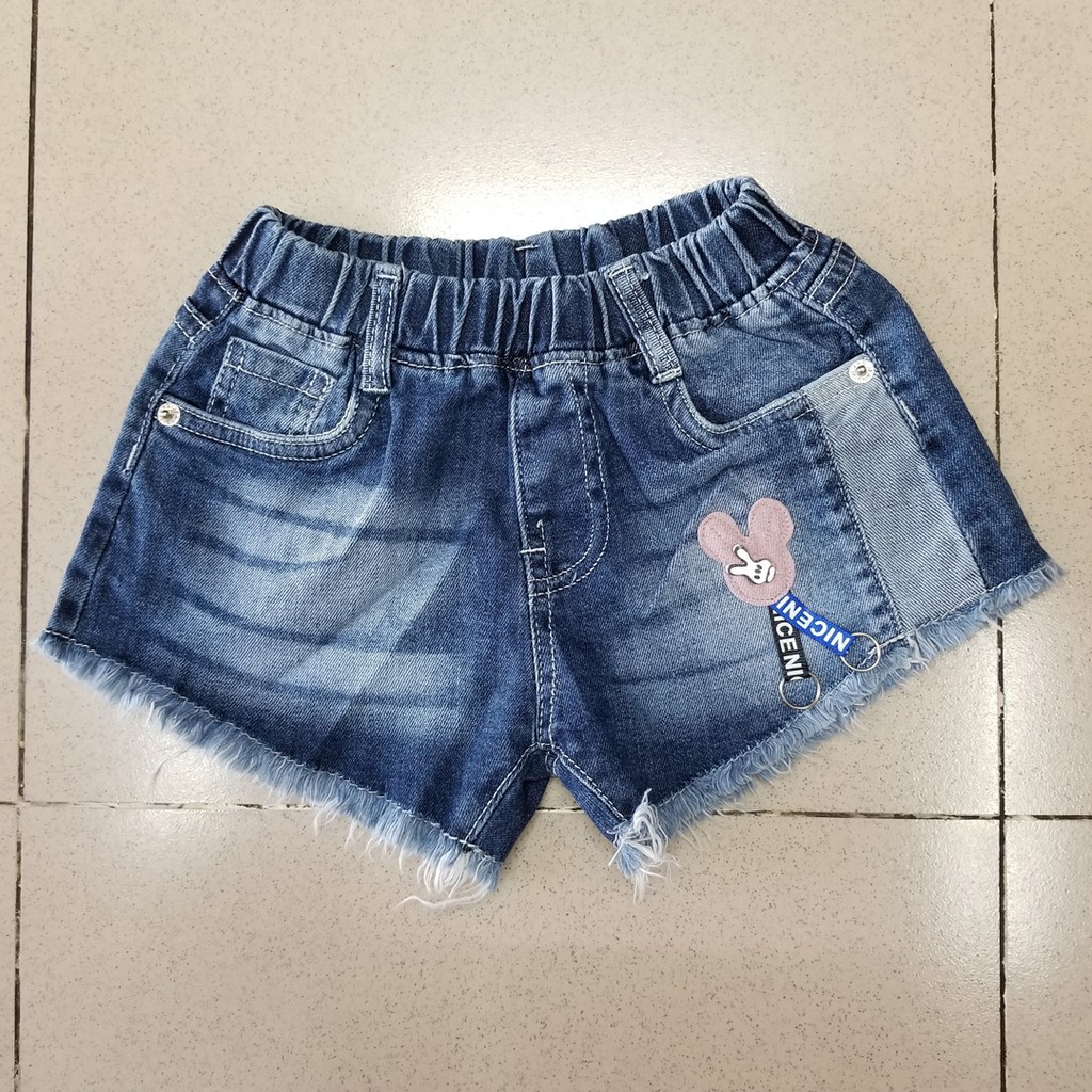 Quần short jean mềm bé gái tua lai mickey 8-37kg