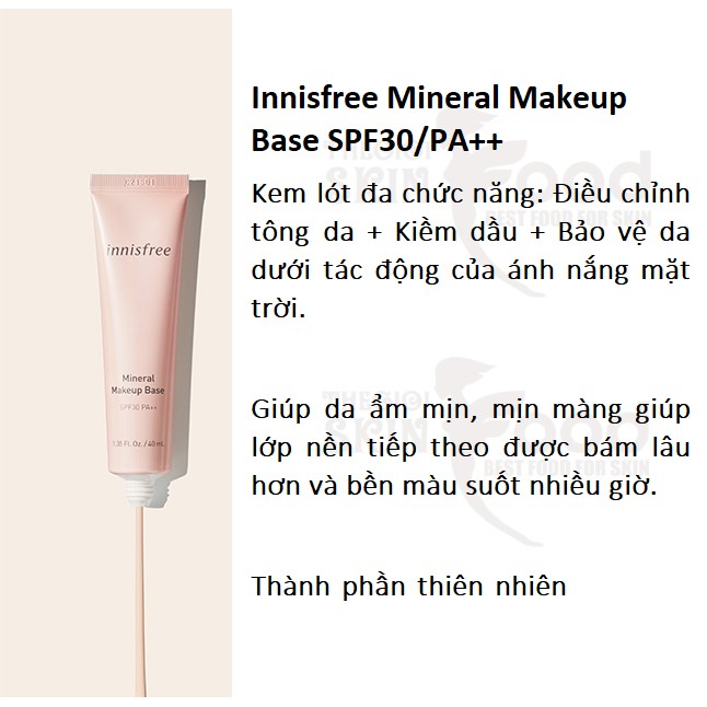 Kem Lót Điều Chỉnh Tông Da, Kiềm Dầu, Dưỡng Ẩm Innisfree Mineral Makeup Base SFP30/PA++ 40ml