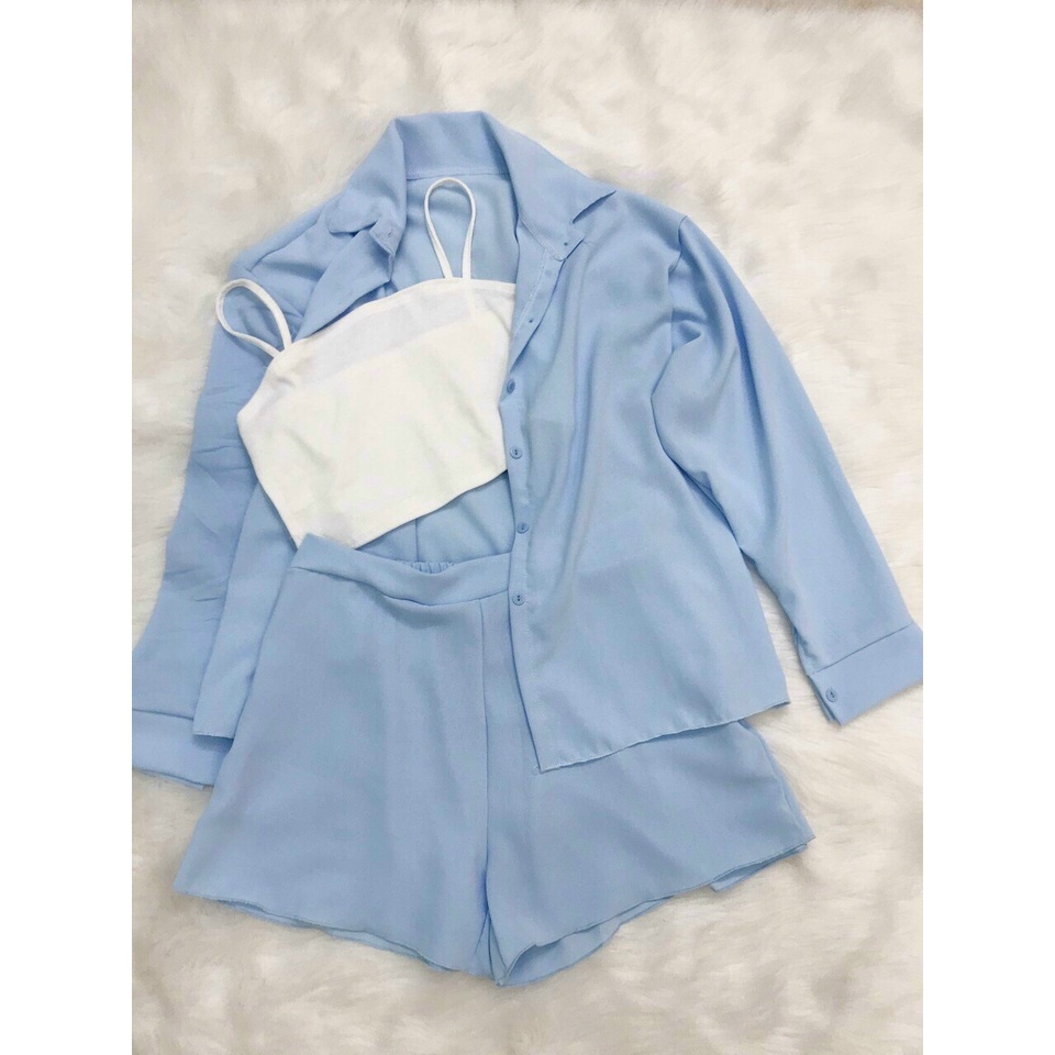 Sét bộ 3 món áo 2 dây bên trong và áo sơ mi phối hợp với quần cộc mặc dễ chịu thoáng mát 4màu đen trắng vàng và xanh màu