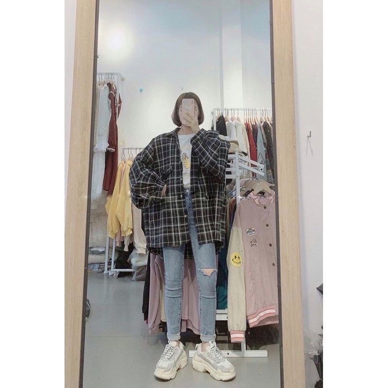 Áo sơ mi nữ kẻ caro mẫu mới from rộng dài tay bồng dáng Uzllang màu đen trắng GuuZ | BigBuy360 - bigbuy360.vn